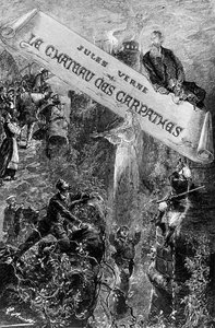 जूल्स वर्ने द्वारा &39;द कार्पेथियन कैसल&39; के लिए कवर चित्रण, 1892 में हेटज़ेल द्वारा प्रकाशित द्वारा हिप्पोलाइट लियोन बेनेट
