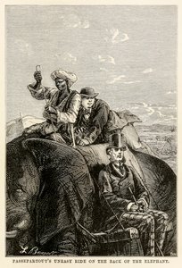 जूल्स वर्ने (1828-1905) द्वारा अडोल डेज में दुनिया भर से हाथी की पीठ पर पसेपर्सआउट्स की बेचैनी, एडोलपे फ्रांकोइस पैनमेकर (1822-1900) 1873 द्वारा उकेरी गई