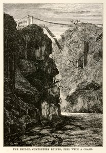 पुल, पूरी तरह से बर्बाद, एक दुर्घटना के साथ गिर गया, जूल्स वर्ने (1828-1905) द्वारा अस्सी दिनों में दुनिया भर से, लुई, 1873 द्वारा उत्कीर्ण