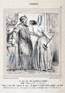 होनोर ड्यूमियर द्वारा कलाकृति (1808-1879) चारिवारी: सीरी फैरिबोल्स ले मारी डूइट एड एट प्रोटेक्शन ए सा फेमे (सिविल कोड - टाइटल डू मैरिज) "" -लेकिन अगर पति को बदले में संरक्षित करने की आवश्यकता महसूस होती है तो उसे किसे संबोधित करना चाहिए? (एक कलाक द्वारा होनोरे ड्यूमियर
