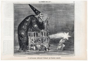 1857 का धूमकेतु, ले चरिवारी, पब से "द जर्मन एस्ट्रोनॉमर रिलीजिंग ए फेमस डक"। 1858 (उत्कीर्णन) द्वारा होनोरे ड्यूमियर