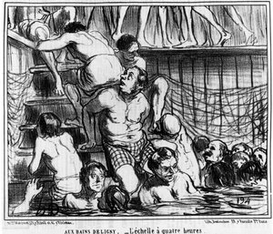 Les bains Deligny - चार घंटे का पैमाना: "स्केच d'Ete" से चित्रण, तैराकी और स्नान पर कार्टूनों की श्रृंखला Deligny द्वारा ऑनोर ड्यूमियर (1808-1879)। "चारिवारी" द्वारा होनोरे ड्यूमियर