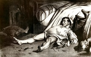 14/04/1834 को रुए ट्रांसनोनैन का नरसंहार: पेरिस में इमारत 12 रुए ट्रांसनोनैन के निवासियों के सैन्य नरसंहार ने उनके एक अधिकारी की मृत्यु के बाद इसे फिर से जेल में डाल दिया - होनोर ड्यूमियर द्वारा लिथोग्राफ (1808-1879) 1837। निजी संग्रह द्वारा होनोरे ड्यूमियर
