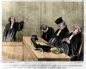 डौमियर द्वारा कार्टून: सीरी "" लेस जेन्स डे जस्टिस "" 15/08/1845 के "" चारिवारी "" में प्रकाशित हुआ। कोर्ट में पैरवी करते वकील सो रहा है।