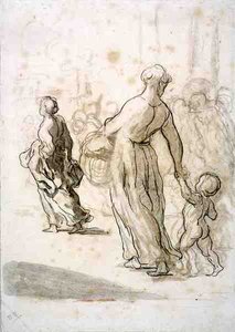 दो महिलाएं और एक बच्चा, c.1848-50 (प्राचीन कागज पर चाक, चारकोल और गौचे) द्वारा होनोरे ड्यूमियर