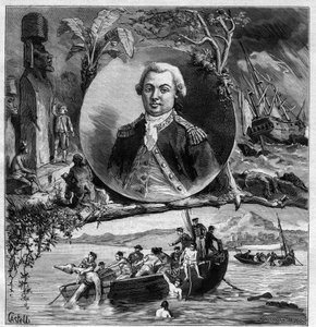 Le Centenaire de La Perouse (जीन फ्रेंकोइस डी गैलाउप लैपरहाउस) - ईस्टर द्वीप 1786 में उनके आगमन और ड्यूमॉन्ट डी'उर्विले 1828 द्वारा एस्ट्रोलैब की खोज की स्मृति में पोर्ट्रेट।