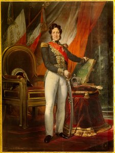 पोर्ट्रेट एन पाइड डी लुई फिलिप 1er (1773-1850), 1830 के चार्टर वाले फ्रांसीसी राजा। राजा के पीछे तीन रंगों के झंडे "लिबर्टे एगलाइट फ्रेटरनाइट" के आदर्श वाक्य को धारण करते हैं। एमिल जीन होरेस वर्नेट द्वारा पेंटिंग (1789-1863) द्वारा एमिल जीन होरेस वर्नेट