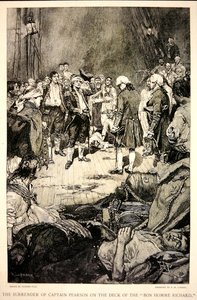 1779 में बोनहोम रिचर्ड के डेक पर जॉन पॉल जोन्स को कैप्टन पियर्सन का आत्मसमर्पण (लिथो)