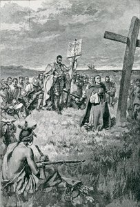 जैक्स कार्टियर (1491-1557) ने गैस्प पर एक क्रॉस स्थापित किया, जो थॉमस वेंटवर्थ हिगिन्सन, पब द्वारा &39;द फ्रेंच वोयेजर्स&39; से चित्रण है। हार्पर की पत्रिका में, 1883 द्वारा हावर्ड पाइल