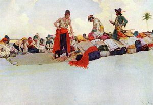 समुद्री डाकू के बीच खजाना साझा करना एक सर्कल में फिर से मिला। हावर्ड पाइल (1853-1911), अमेरिकी चित्रकार द्वारा "बुक ऑफ पाइरेट्स बुकेनियर्स एंड मैरूनर्स ऑफ द स्पैनिश मेन" से चित्रण द्वारा हावर्ड पाइल