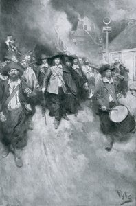 1676 में द बर्निंग ऑफ़ जेमटाउन, वुड्रो विल्सन द्वारा &39;कॉलोनियों एंड नेशन&39; का चित्रण। हार्पर की पत्रिका में, 1901 (लिथो) द्वारा हावर्ड पाइल