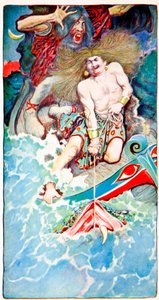 द फ़ॉर लीजेंड ऑफ़ द सी, हार्पर्स मैगज़ीन, 1902 से थोर और हाइमर की फिशिंग द्वारा हावर्ड पाइल