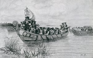 कैडमिल की लैंडिंग, एडमंड किर्के, पब द्वारा &39;द सिटी ऑफ द स्ट्रेट&39; से चित्रण हार्पर की पत्रिका में, 1886 द्वारा हावर्ड पाइल