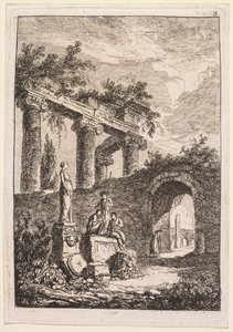 रोम में शाम: द स्टैच्यू इन फ्रंट ऑफ़ रुइंस, 1763-1764। द्वारा ह्यूबर्ट रॉबर्ट