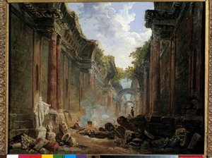 खंडहर में ग्रांड गैलेरी डु लौवर का काल्पनिक दृश्य ह्यूबर्ट रॉबर्ट (1733-1808) द्वारा 18 वीं शताब्दी के सूर्य की पेंटिंग। 0,32x0,4 मी. द्वारा ह्यूबर्ट रॉबर्ट