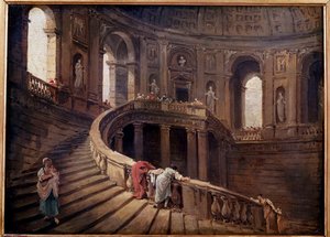 हबर्ट रॉबर्ट (1733-1808) 18 वीं शताब्दी के सूर्य द्वारा पलाज़ो फ़ार्नीज़ ए कैप्रारोला पेंटिंग की परिक्रामी सीढ़ी। 0,24x0,33 वर्ग मीटर द्वारा ह्यूबर्ट रॉबर्ट