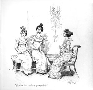 जेन ऑस्टेन, 1894 (उत्कीर्णन) (बीडब्ल्यू फोटो) द्वारा &39;प्राइड एंड प्रीजुडिस&39; की बिंगले बहनें &39;ऑफेंडेड टू ऑर थ्री यंग लेडीज़&39; द्वारा ह्यूग थॉमसन