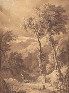 पेलीन अचिया नदी पर यात्रियों के एक दल के साथ पहाड़ी लैंडस्केप, 1818-29।