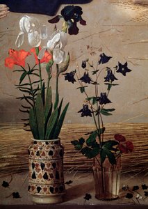 Triptych Portinari: फूलों का केंद्रीय विवरण - पैनल पर तेल oil द्वारा ह्यूगो वैन डेर गोज़