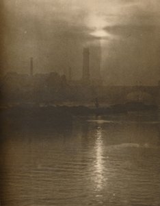 वाटरलू ब्रिज द्वारा सरे शोर पर एक लंदन शाम की धुंध, c1935। द्वारा हुसोन