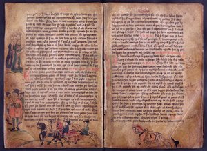 13 वीं शताब्दी के मूल जोंसबोक कानून संग्रह की एक प्रति से दो सचित्र पृष्ठ द्वारा आइसलैंडिक स्कूल