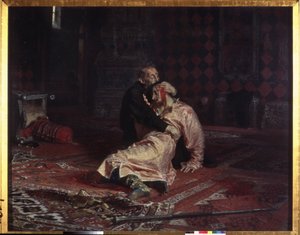 इवान चतुर्थ भयानक (1530-1584) अपने बेटे इवान इवानोविच (1554-1581) को गले लगाते हुए, जिसे उसने शुक्रवार, 16 नवंबर, 1581 को एक विवाद के दौरान घातक रूप से घायल कर दिया था। इल्या येफिमोविच रेपिन (इलिया रेपिन) (1844-1930) द्वारा पेंटिंग, कैनवास पर तेल द्वारा इल्या एफिमोविच रेपिन