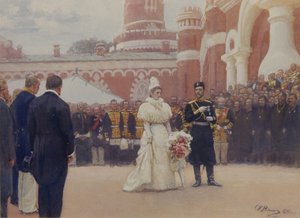 18 मई 1896 को मॉस्को के पेट्रोव्स्की पैलेस के यार्ड में ग्रामीण जिला बुजुर्गों को प्राप्त करते हुए निकोलस II द्वारा इल्या एफिमोविच रेपिन