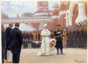 निकोलस द्वितीय (1868-1918) और उनकी पत्नी, एलेक्जेंड्रा फियोडोरोव्ना (1872-1918), 18 मई 1896 को मास्को के पेत्रोव्स्की पैलेस के प्रांगण में ग्रामीण जिला बुजुर्गों का स्वागत करते हुए। (निकोलस द्वितीय 18 मई को ग्रामीण जिला बुजुर्गों का स्वागत करते हुए) द्वारा इल्या एफिमोविच रेपिन