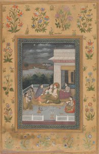 परिचारकों और संगीतकारों से घिरे छत पर एक जोड़ा द्वारा भारतीय 18वीं शताब्दी
