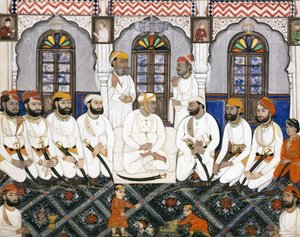 दरबार में पूजा के लिए तैयार एक जयपुर राज, c.1845 (कागज पर अपारदर्शी wc और सोना) द्वारा इंडियन स्कूल