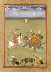 एक राजकुमार एक हाथी पर अपने दुश्मनों से लड़ते हुए, c.1710 द्वारा इंडियन स्कूल