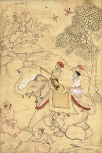 एक राजकुमार शिकार, एक हाथी पर चढ़कर, c.1600-1650 द्वारा इंडियन स्कूल