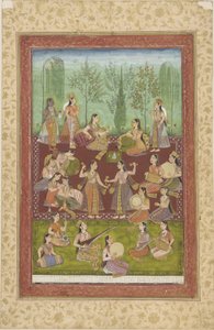 एक बगीचे में महिलाओं का एक समूह, जो खुद को संगीत और नृत्य (कागज पर रंग और सोना) के साथ मनोरंजन करता है द्वारा इंडियन स्कूल