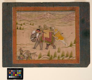 एक शेर एक शिकार दल पर हमला करता है, जो हाथी से ऊपर आता है, c.1810 (कागज पर अपारदर्शी जल रंग और सोना) द्वारा इंडियन स्कूल