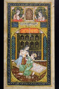 एक आदमी शानदार सेटिंग, राजस्थानी लघु चित्रकला में एक महिला को अदालत करता है द्वारा इंडियन स्कूल