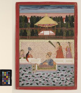 एक राजकुमार और राजकुमारी कमल पूल द्वारा स्पार्कलर के साथ खेलते हैं, c.1760 (कागज पर अपारदर्शी जल रंग और सोना) द्वारा इंडियन स्कूल