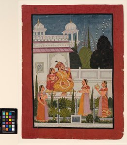 उसकी रानी के साथ एक छत पर एक राजा, जिसमें तीन महिलाएँ शामिल थीं, 18 वीं सदी के अंत में (कागज पर अपारदर्शी पानी के रंग का) द्वारा इंडियन स्कूल