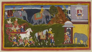 भरत, शत्रुघ्न और उनके मामा, अनुचरों और दो घुड़सवारों के साथ, क्षितिज रेखा के पार लदे हाथियों के साथ, भरत के नाना, केकय के राजा के महल में पहुँचते हैं, जो बाहर की ओर देखते हुए उनकी प्रतीक्षा कर रहे हैं।  द्वारा इंडियन स्कूल
