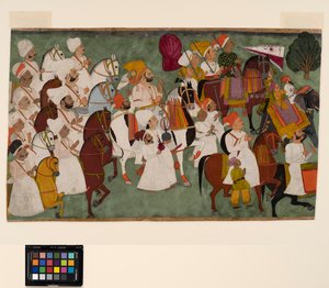 अखी सिंह अपने दल के साथ सवारी करते हुए, c.1750 (अपारदर्शी जल रंग और कागज पर सोना) द्वारा इंडियन स्कूल