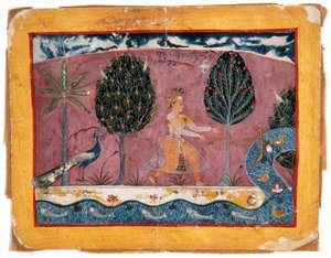जमना नदी पर बालूराम के साथ बलराम, c.1590-1600 (कागज पर अपारदर्शी wc और सोना) द्वारा इंडियन स्कूल