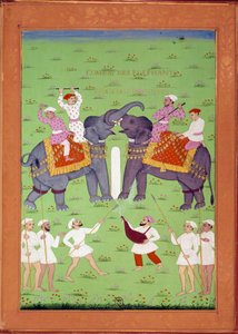 शाह अलीम के दरबार में दो हाथियों की लड़ाई निकोलो मनुची (1638-1717) द्वारा "इतिहास ऑफ़ इंडिया फ्रॉम तामर्टेंटे टू ओरंगरेब" में भारतीय और फ़ारसी लघुचित्र। बीएन, पेरिस। द्वारा इंडियन स्कूल