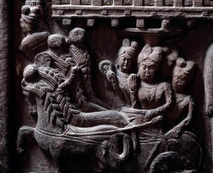 बौद्ध धर्म: "" प्रसेनजीत की बुद्ध की अंतिम यात्रा" (प्रसंजीत की बुद्ध की अंतिम यात्रा) विस्तार से डु स्तूप दे भरहुत (बरहुत, बरौथ) काले पत्थर की कम राहत, दूसरी शताब्दी ईसा पूर्व (दूसरी शताब्दी ईसा पूर्व) - कोलकाता, भारतीय मुसी द्वारा इंडियन स्कूल