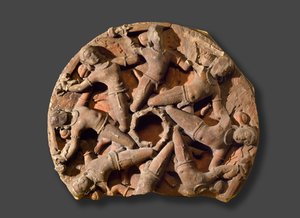 आठ अंतर-जुड़े सशस्त्र योद्धाओं, दक्षिण राजस्थान, (बलुआ पत्थर) के साथ छत का चक्कर द्वारा इंडियन स्कूल