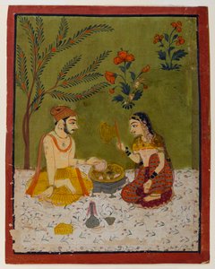 एक पेड़ के नीचे बैठा युगल, c.1700 (wc और सोना कागज पर) द्वारा इंडियन स्कूल