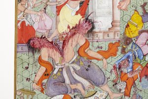 कृष्णा क्लीवेज द डिमन्स नरकासुर को अपने डिस्कस के साथ सी। 1585-90 (कागज पर अपारदर्शी wc और सोना) द्वारा इंडियन स्कूल