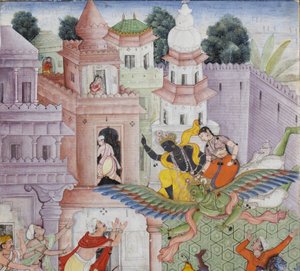 कृष्णा क्लीवेज द डिमन्स नरकासुर को अपने डिस्कस के साथ सी। 1585-90 (कागज पर अपारदर्शी wc और सोना) द्वारा इंडियन स्कूल