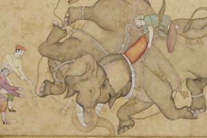 बॉर्डर फ्लोरल अरेबिक, c.1610 (पेपर पर अपारदर्शी wc और सोना) के साथ एक हाथी की लड़ाई का विस्तार द्वारा इंडियन स्कूल