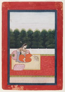 धनश्री रागिनी, एक रागमाला श्रृंखला का पृष्ठ, c.1790 या इससे पहले (wc & gold on paper) द्वारा इंडियन स्कूल