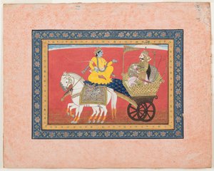कुरुक्षेत्र के युद्ध के मैदान पर कृष्ण और अर्जुन के बीच संवाद, c.1820 (अपारदर्शी जल रंग और कागज पर सोना) द्वारा इंडियन स्कूल