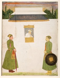 झरोखा खिड़की पर सम्राट औरंगजेब, अग्रभूमि में दो महानुभाव, c.1710 (कागज पर अपारदर्शी wc सोना) द्वारा इंडियन स्कूल